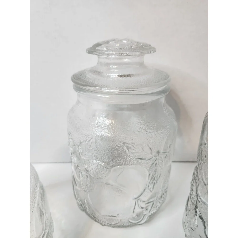 Vintage Libbey Glass Orchard Fruit Embossed Clear Glass Canisters Set of 3